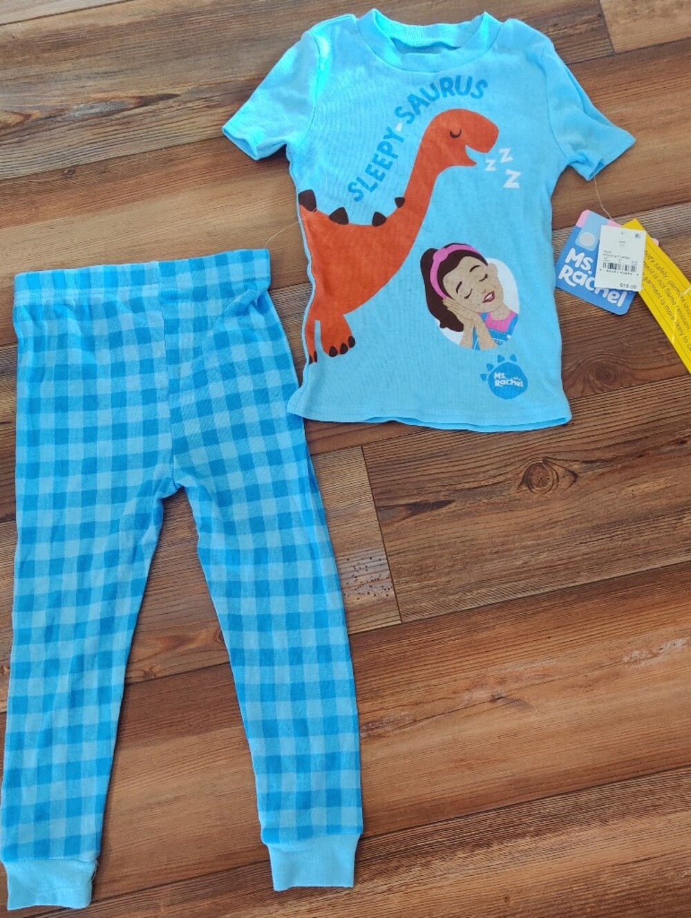 NEW Toddler Boys 3T Dinosaur Cotton Snug Fit Ms. Rachel Pajama Set Blue Plaid